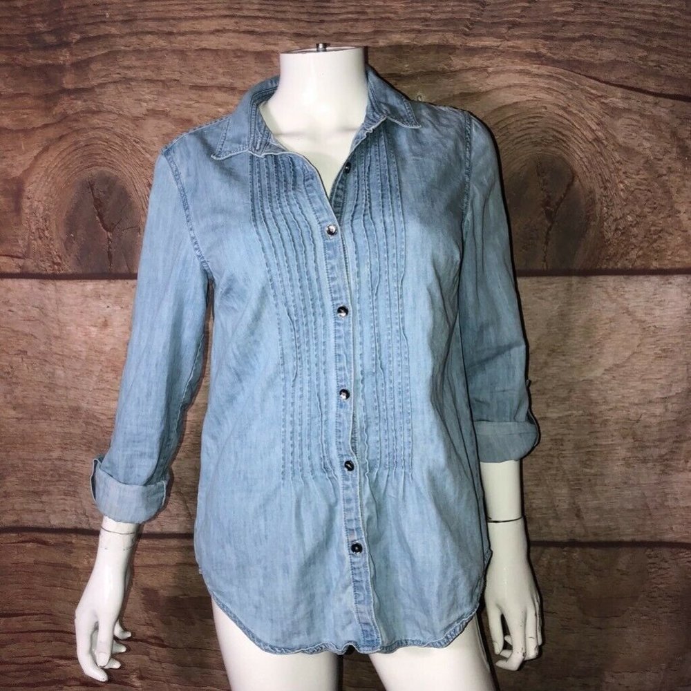 Jones New York Womens Button Front Shirt Blue Deni